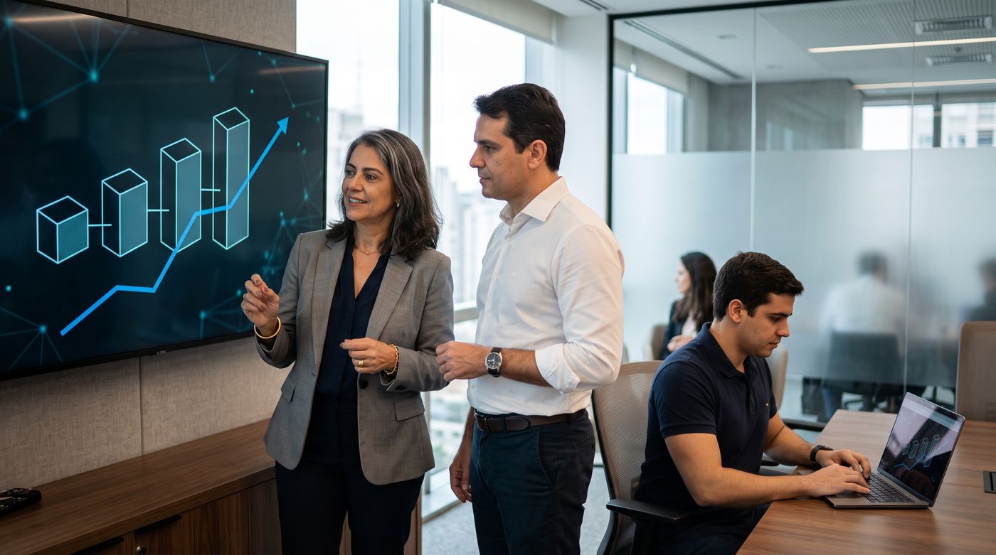 Diretora de TI e diretor financeiro diante de uma tela com quatro blocos conectados e uma linha de crescimento, enquanto um arquiteto de redes trabalha no notebook