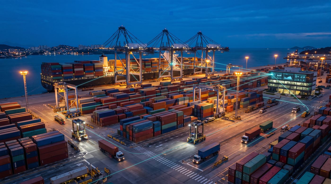Terminal de contêineres de um porto ao anoitecer, com guindastes descarregando um navio, caminhões e pilhas de contêineres ligados por linhas de luz que representam a rede