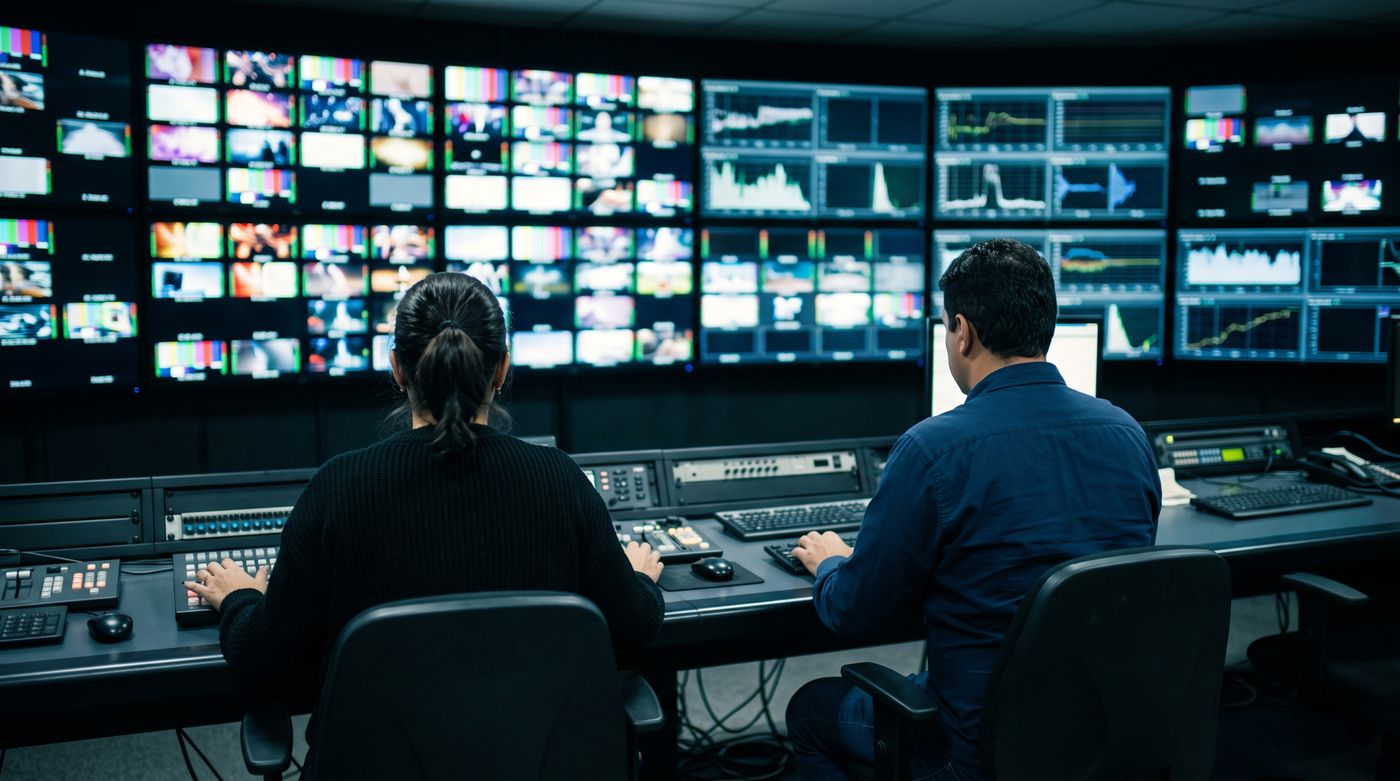 Dois operadores de costas numa sala de controle de transmissão ao vivo, diante de uma parede de monitores com miniaturas de vídeo e gráficos