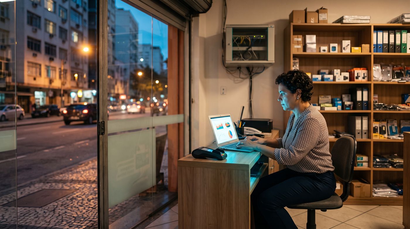 Gerente de uma pequena loja trabalhando no notebook no fim do dia, com a vitrine e a rua ao fundo
