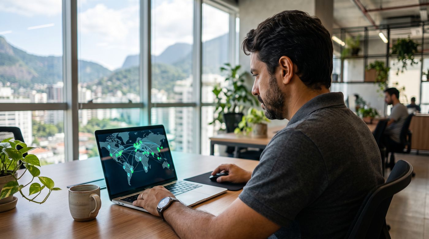 Gestor de TI acompanhando pelo notebook o mapa das filiais conectadas, com indicadores verdes de status