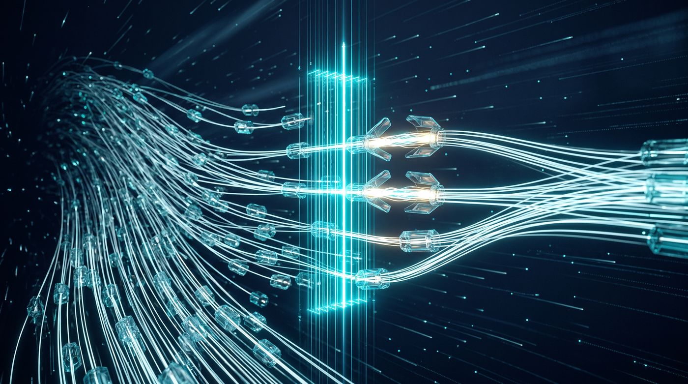 Ilustração de fluxos de dados criptografados atravessando uma barreira de luz que inspeciona cada pacote sem interromper o fluxo
