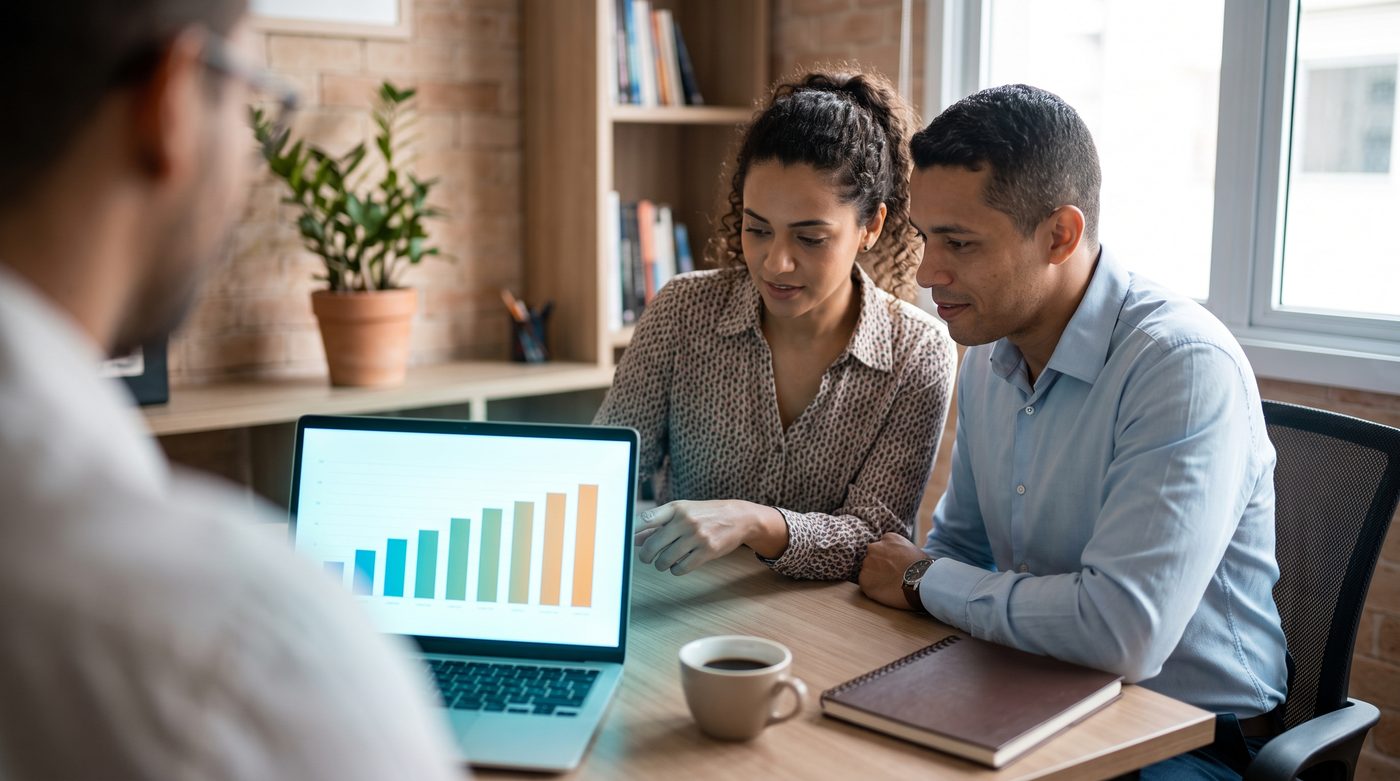 Sócios de uma pequena empresa revisando o planejamento no notebook com um consultor