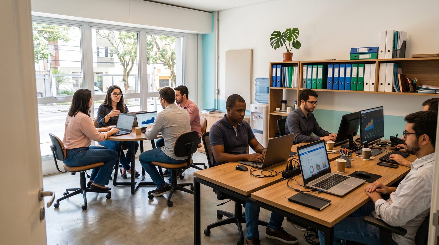 Escritório de filial pequena, com uma equipe de cerca de oito pessoas trabalhando em notebooks