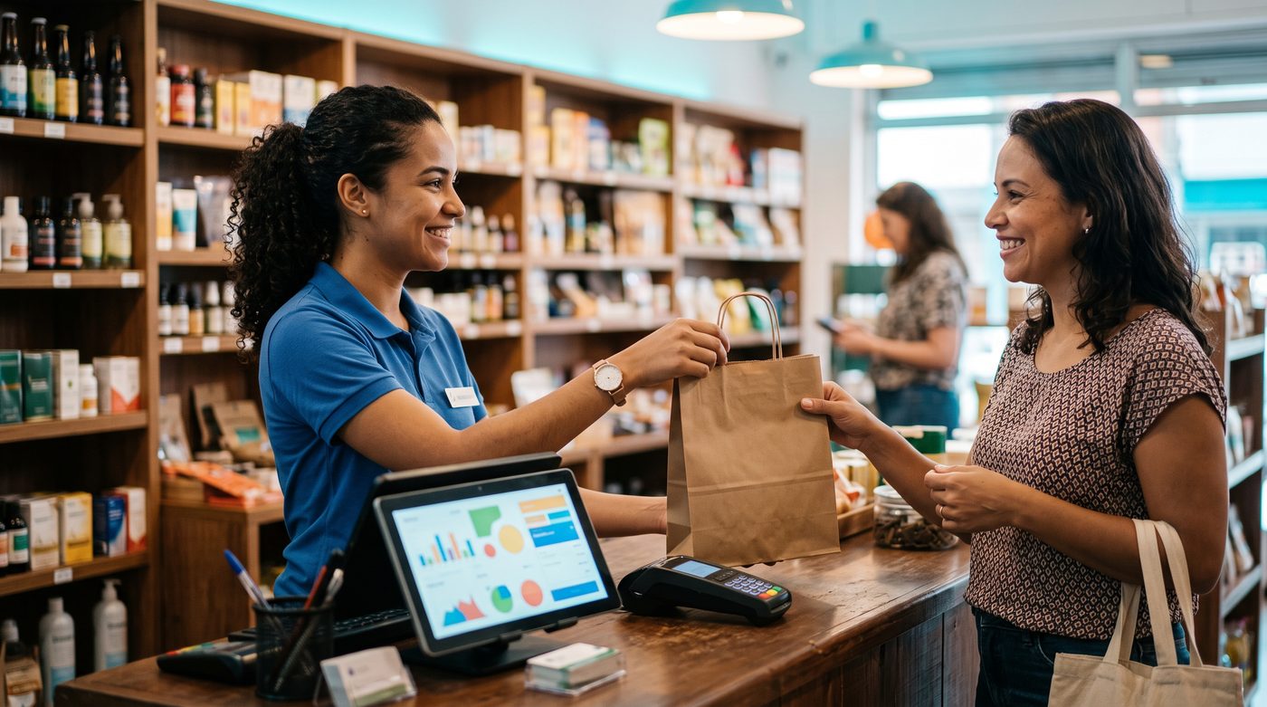 Caixa de uma loja entregando a compra a um cliente que acabou de pagar na maquininha de cartão