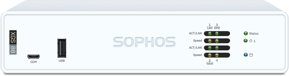 Painel frontal do appliance Sophos XGS 88, com console micro-USB, porta USB 2.0 e os LEDs das 4 portas e de status